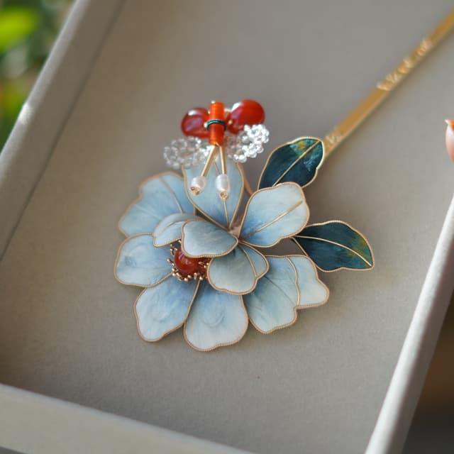 First Bamboo — Kingfisher-Blue Velvet Hairpin — petals and wirework in detail