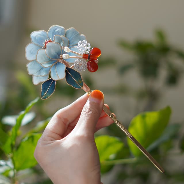 First Bamboo — Kingfisher-Blue Velvet Hairpin — the piece resting in soft light