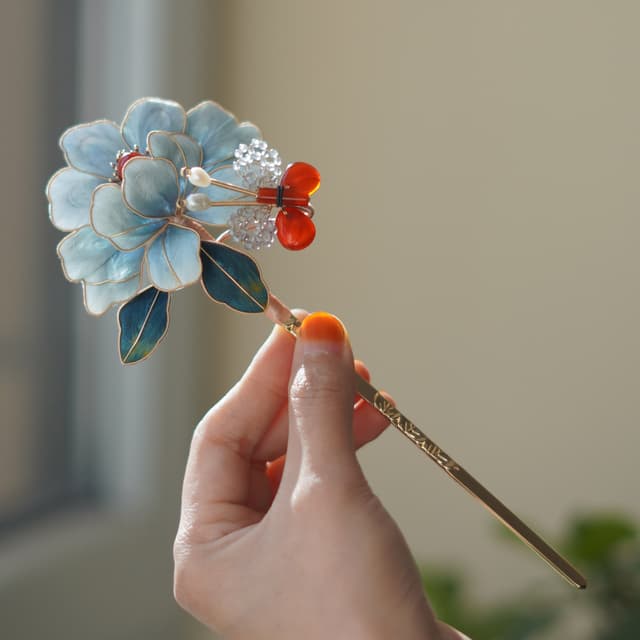 First Bamboo — Kingfisher-Blue Velvet Hairpin — worn as part of a styling