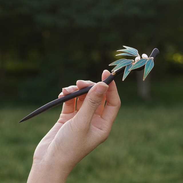 Verdant Lord — Bamboo Leaf Ebony Hairpin — handmade velvet flower piece, full view