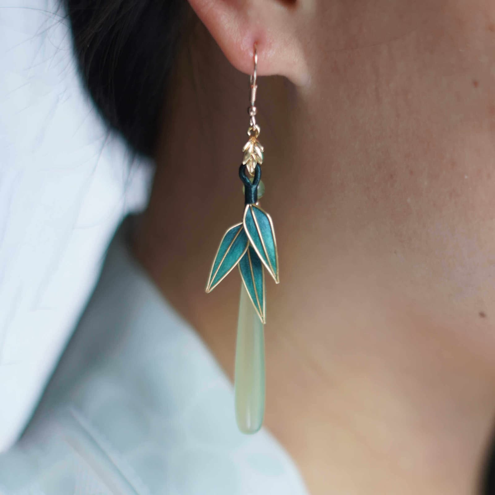 Jade Bamboo Song — Velvet Leaf Earrings — handmade velvet flower piece, full view