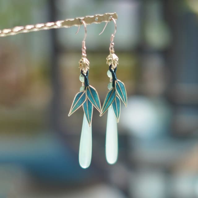 Jade Bamboo Song — Velvet Leaf Earrings — petals and wirework in detail
