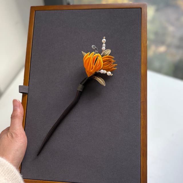 Buddha’s Hand — Fine Velvet Hairpin — worn as part of a styling