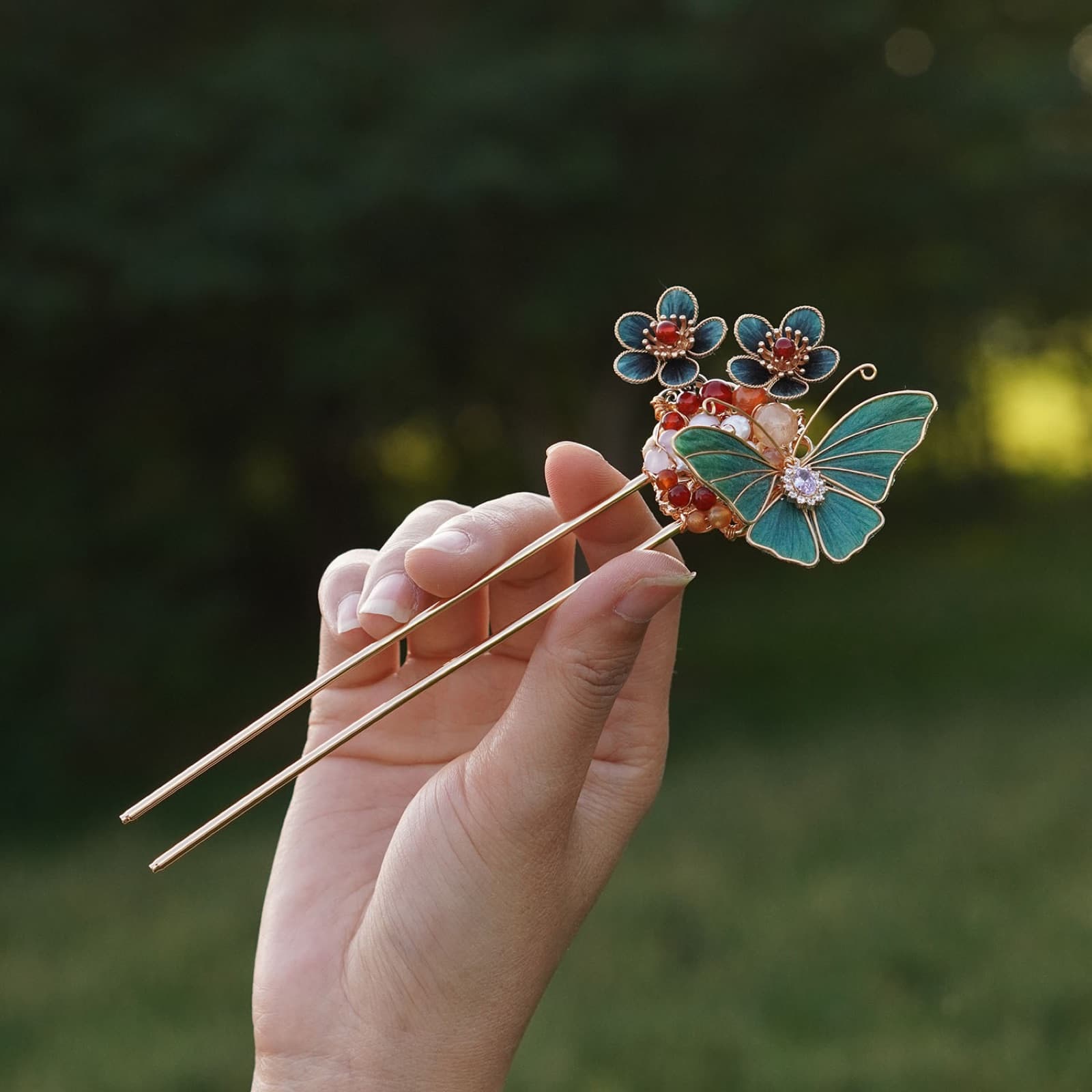 Butterfly in Love — Kingfisher-Blue Double-Prong Pin — handmade velvet flower piece, full view
