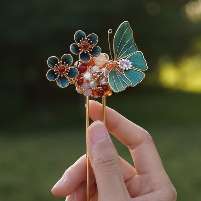 Butterfly in Love — Kingfisher-Blue Double-Prong Pin — petals and wirework in detail