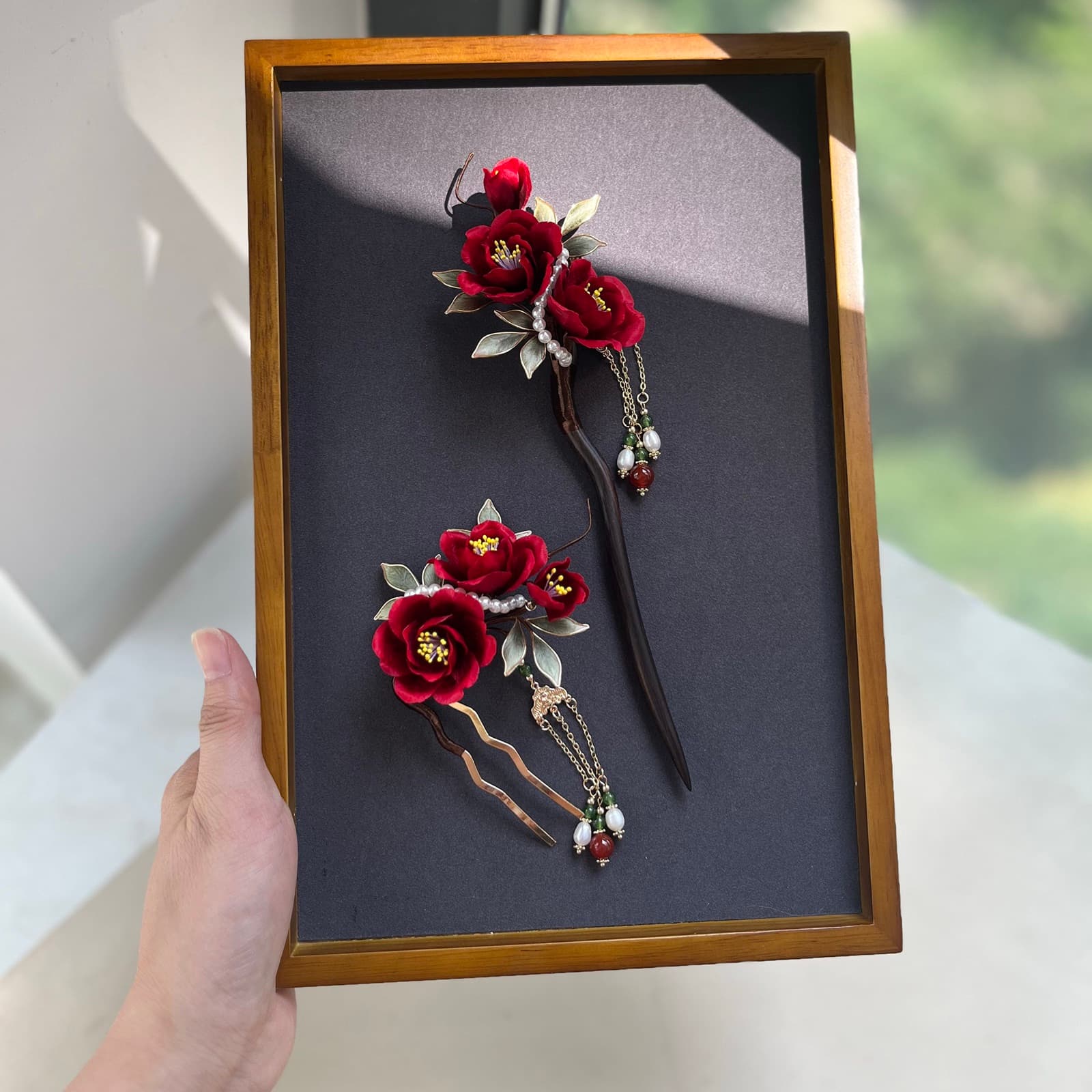 Red Camellia — Velvet Flower Hairpin — handmade velvet flower piece, full view