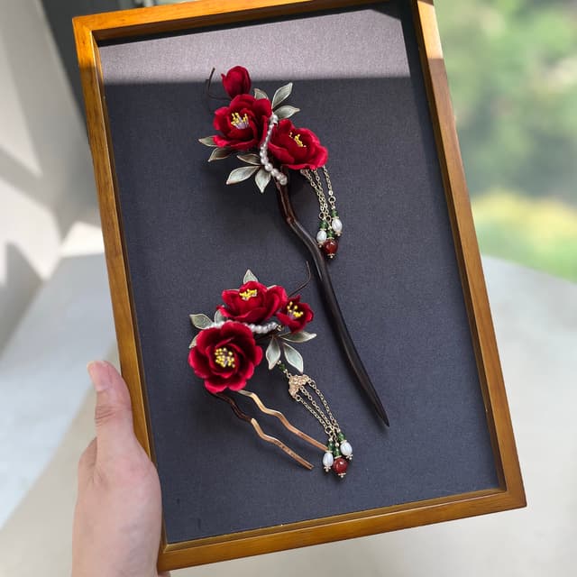 Red Camellia — Velvet Flower Hairpin — petals and wirework in detail