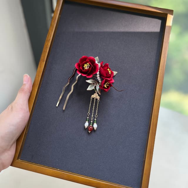 Red Camellia — Velvet Flower Hairpin — worn as part of a styling