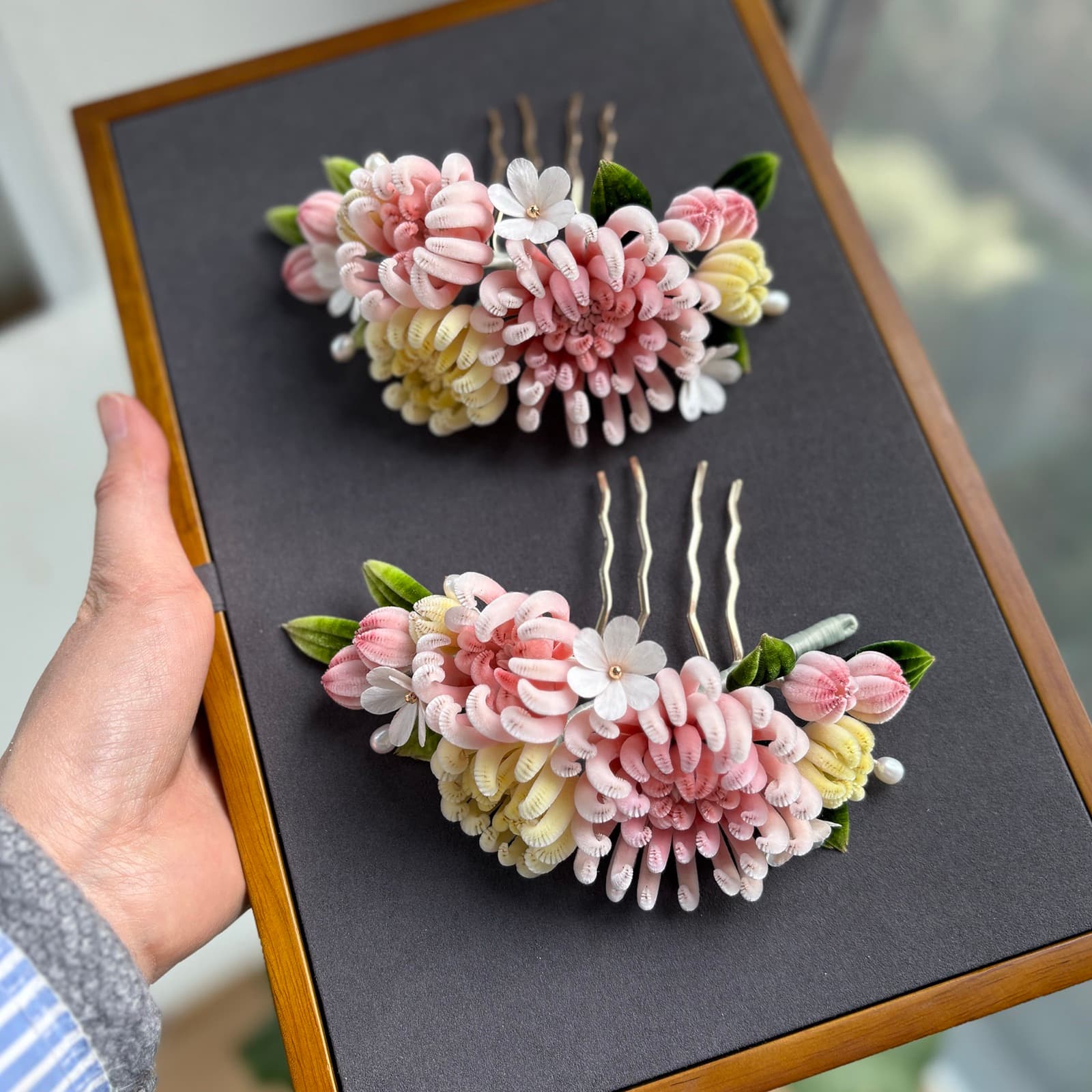 Abundance — Multi-Bloom Chrysanthemum Hairpin — handmade velvet flower piece, full view