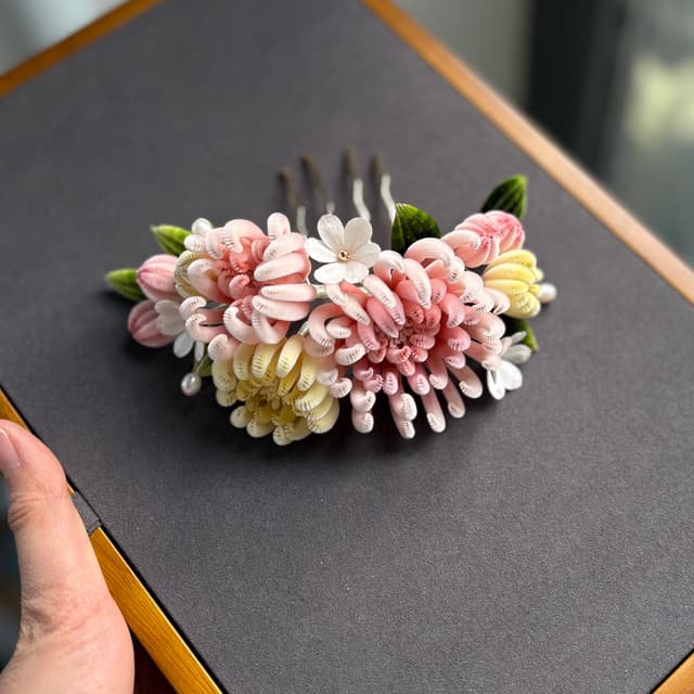 Abundance — Multi-Bloom Chrysanthemum Hairpin — worn as part of a styling