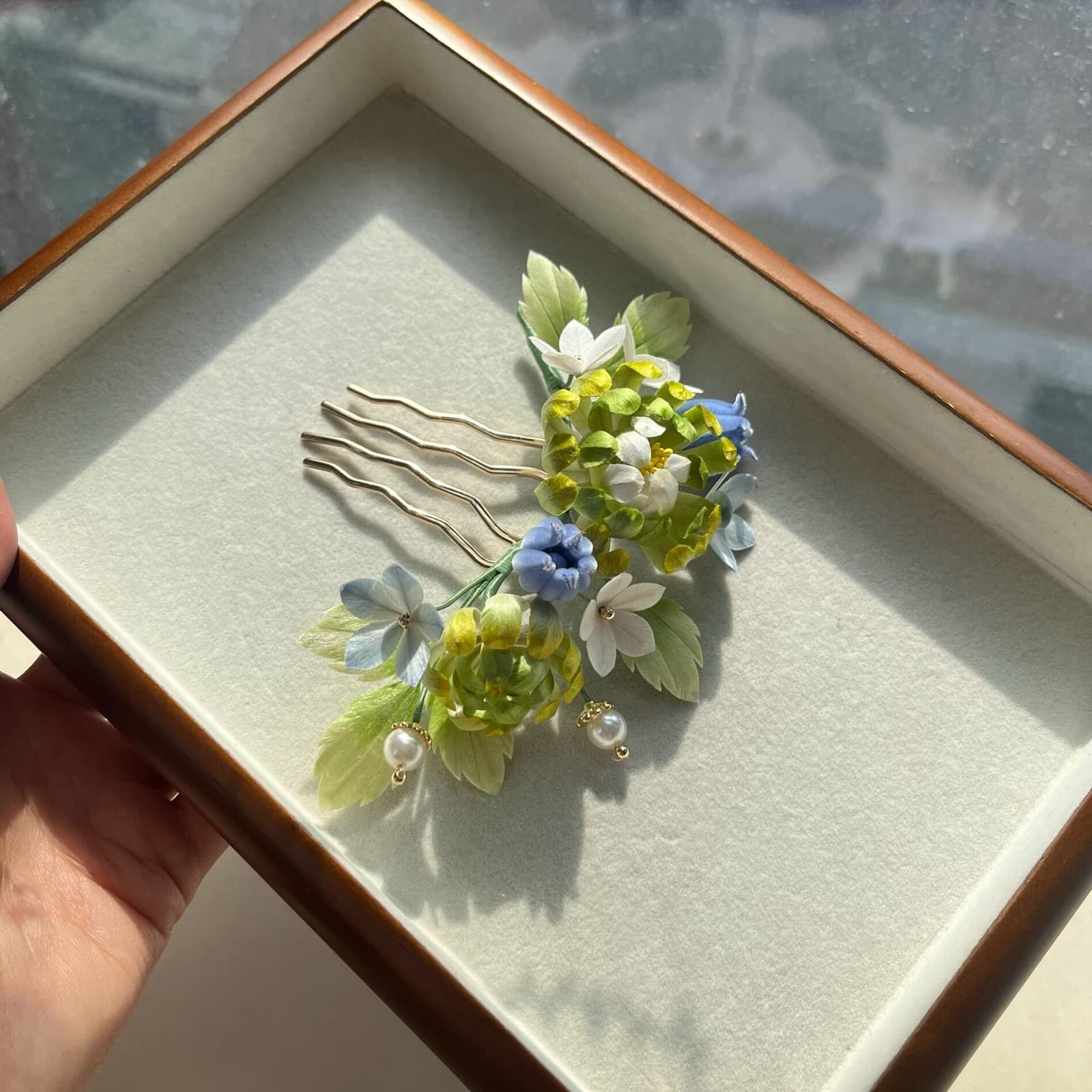Green Chrysanthemum — Velvet Flower Comb — handmade velvet flower piece, full view