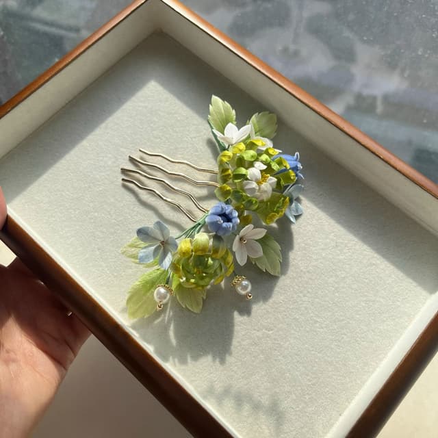 Green Chrysanthemum — Velvet Flower Comb — worn as part of a styling