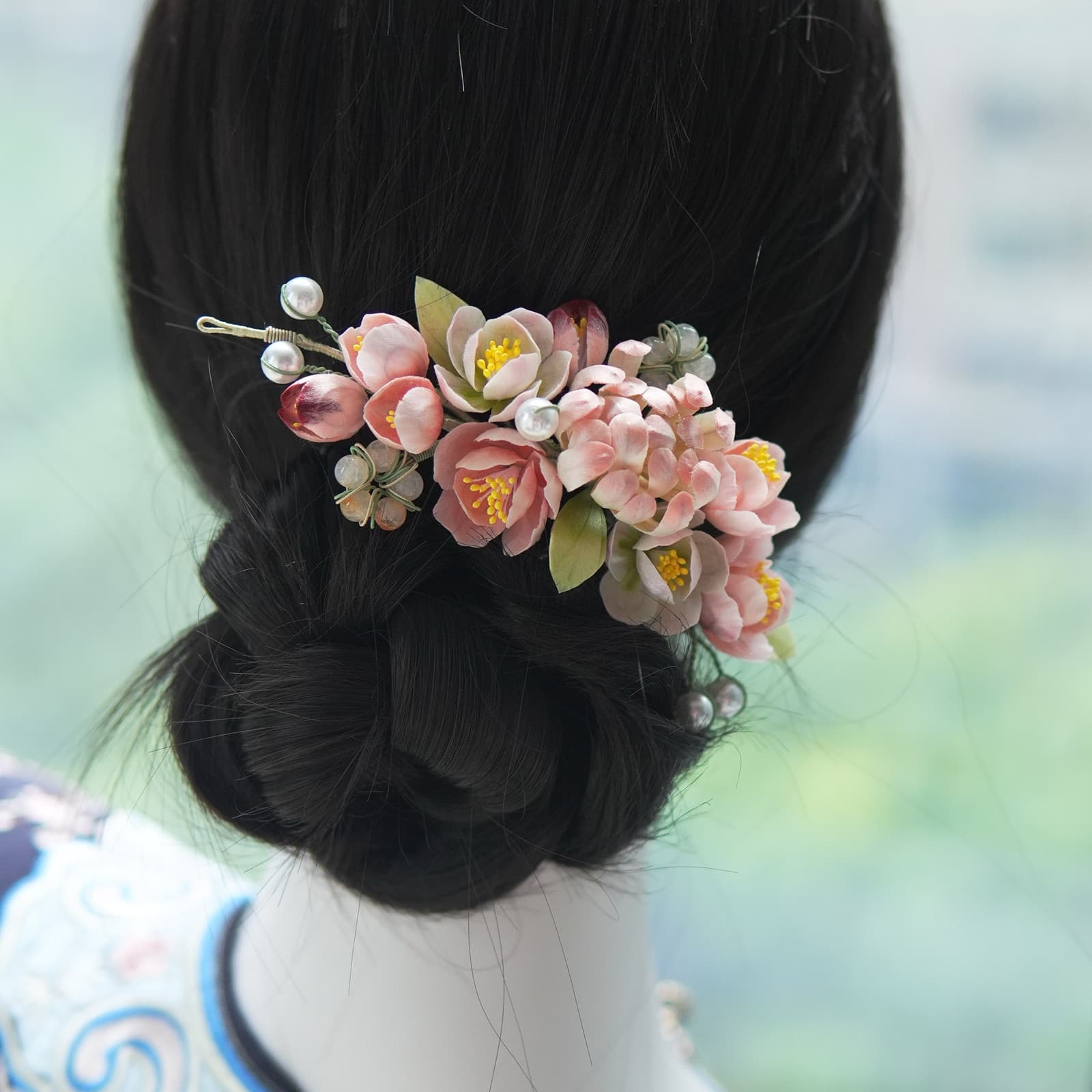 Spring Splendour — Pink Chrysanthemum Comb — handmade velvet flower piece, full view