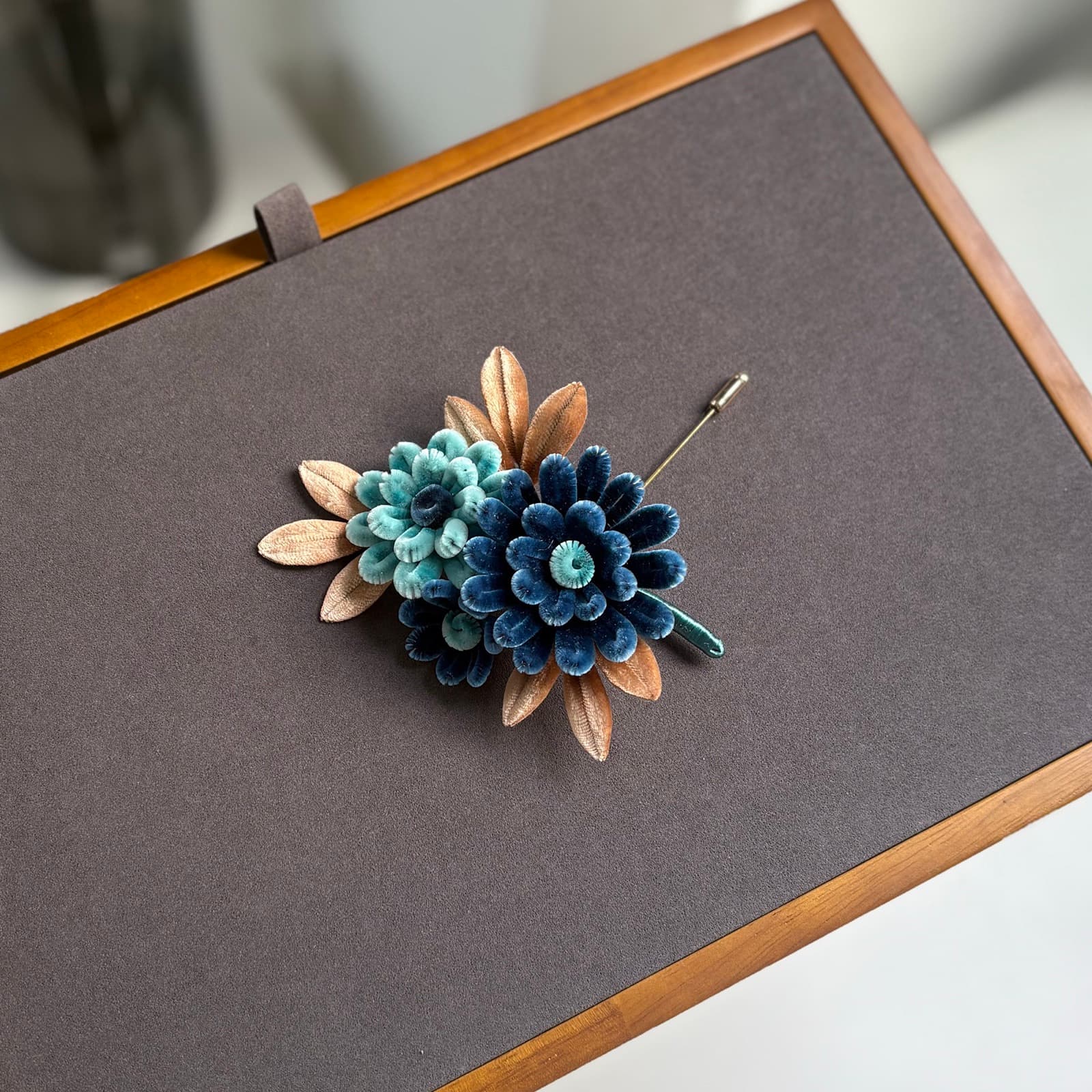 Encounter — Deep Blue Daisy Brooch — handmade velvet flower piece, full view