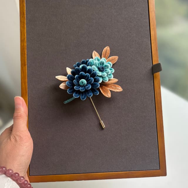 Encounter — Deep Blue Daisy Brooch — worn as part of a styling