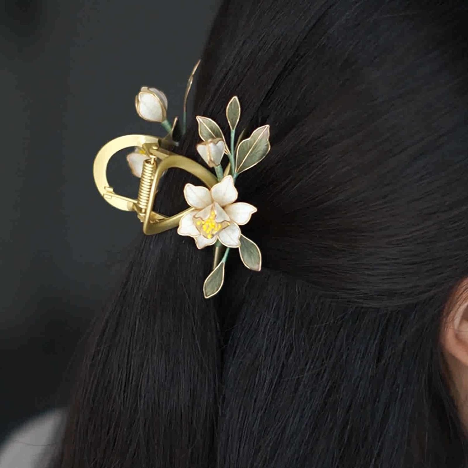 White Gardenia — Velvet Flower Claw Clip — handmade velvet flower piece, full view