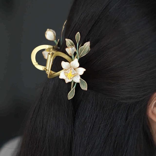 White Gardenia — Velvet Flower Claw Clip — handmade velvet flower piece, full view