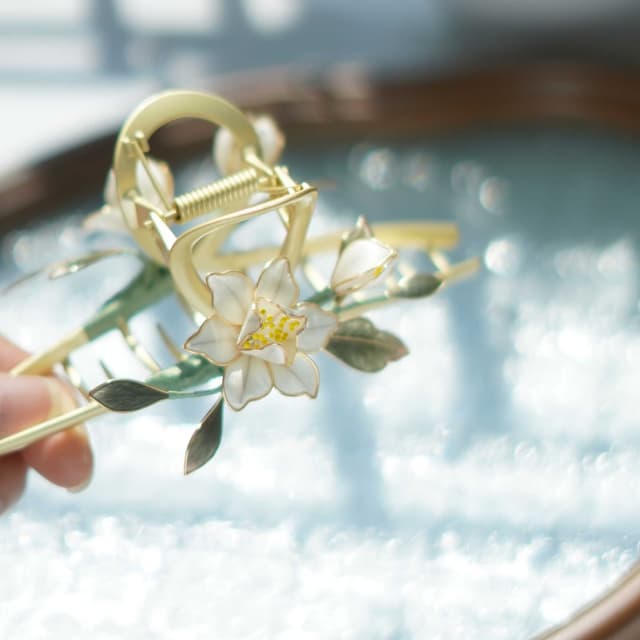White Gardenia — Velvet Flower Claw Clip — worn as part of a styling