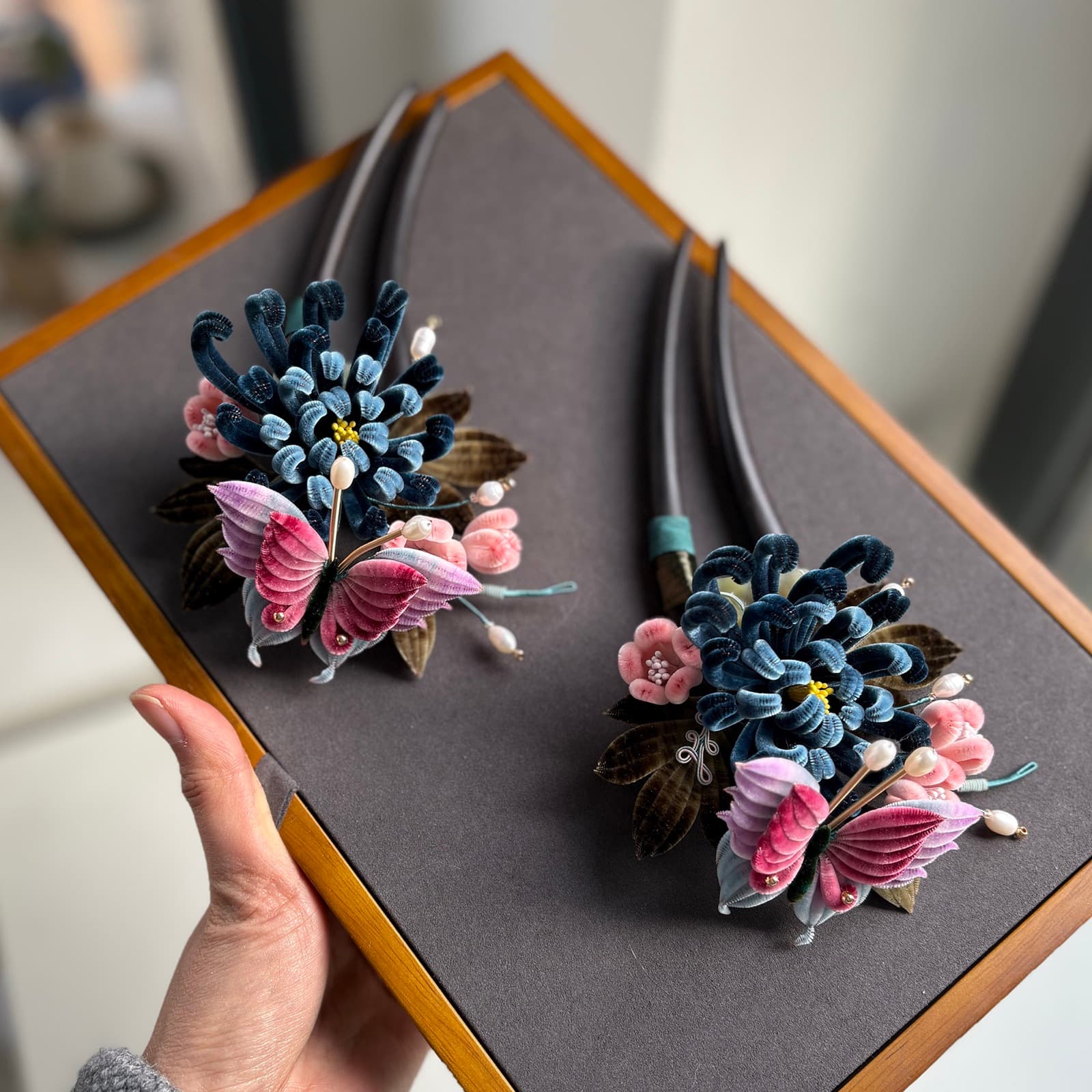 Ink Dance — Chrysanthemum & Butterfly Hairpin — handmade velvet flower piece, full view