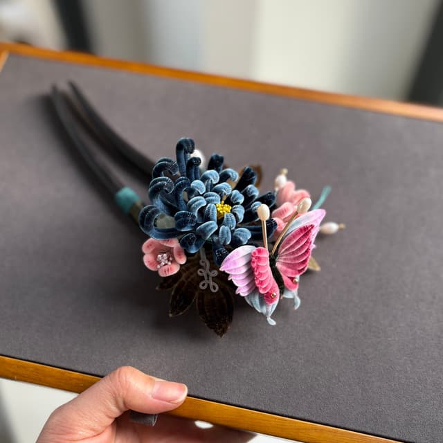 Ink Dance — Chrysanthemum & Butterfly Hairpin — worn as part of a styling
