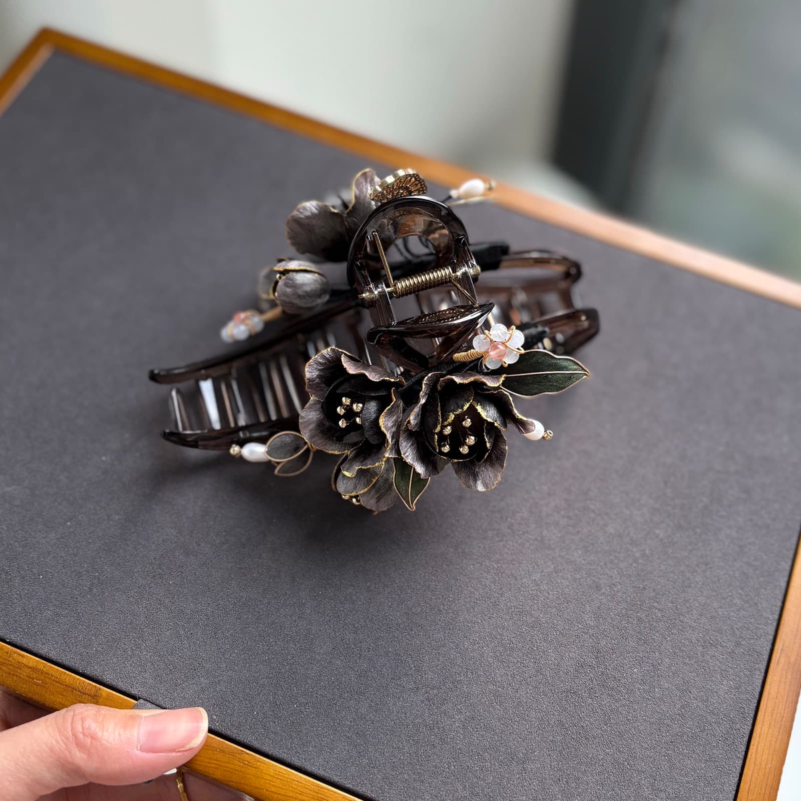Jade Dew — Gathered Treasures Claw Clip — handmade velvet flower piece, full view
