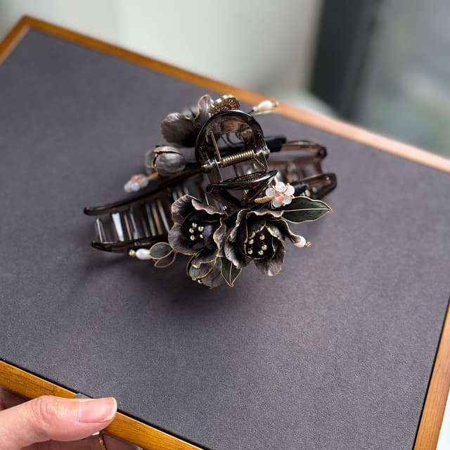 Jade Dew — Gathered Treasures Claw Clip — handmade velvet flower piece, full view