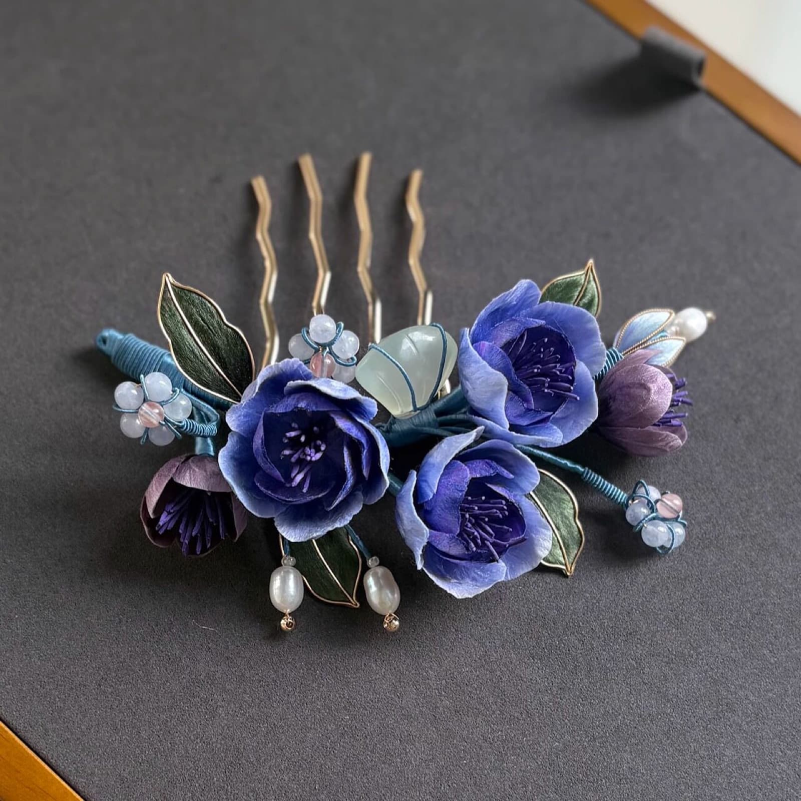 Jade Dew — Gathered Treasures Comb — handmade velvet flower piece, full view