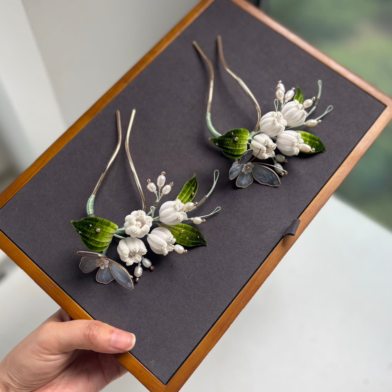 Lily of the Valley — Plush Velvet Hairpin — handmade velvet flower piece, full view