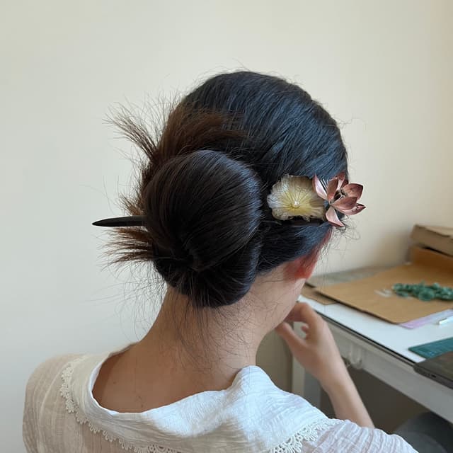 Zen Lotus — Ebony Velvet Flower Hairpin — petals and wirework in detail