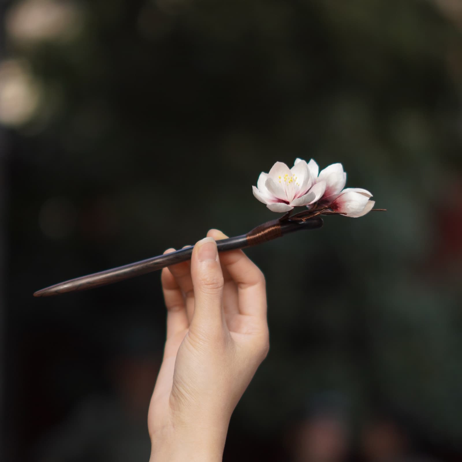 Magnolia — Velvet Flower Hairpin — handmade velvet flower piece, full view