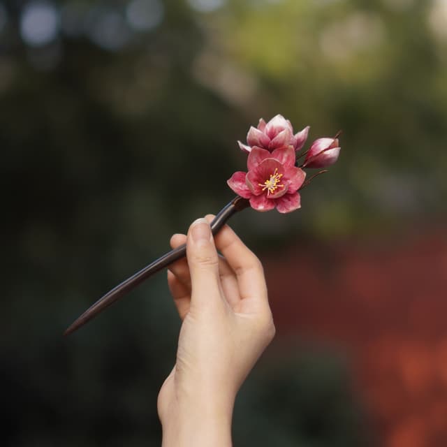 Magnolia — Velvet Flower Hairpin — petals and wirework in detail