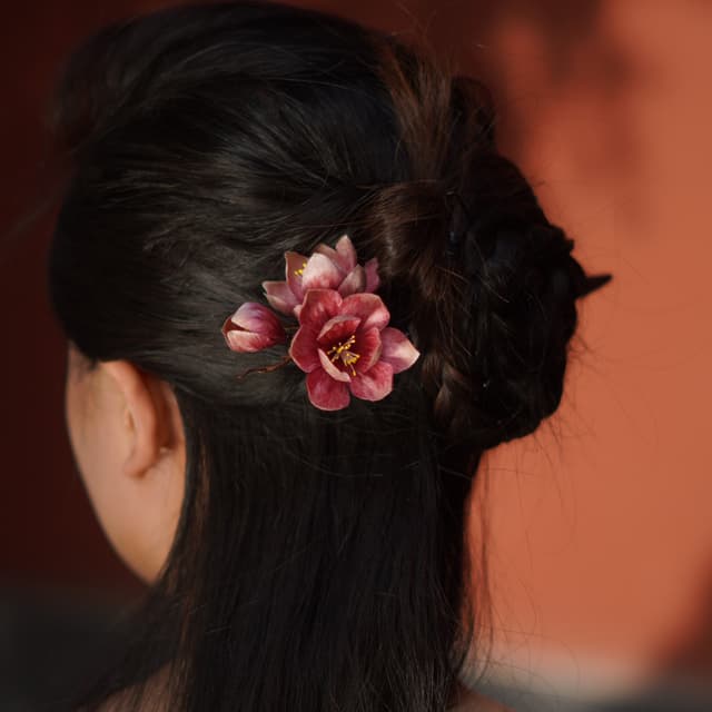 Magnolia — Velvet Flower Hairpin — worn as part of a styling