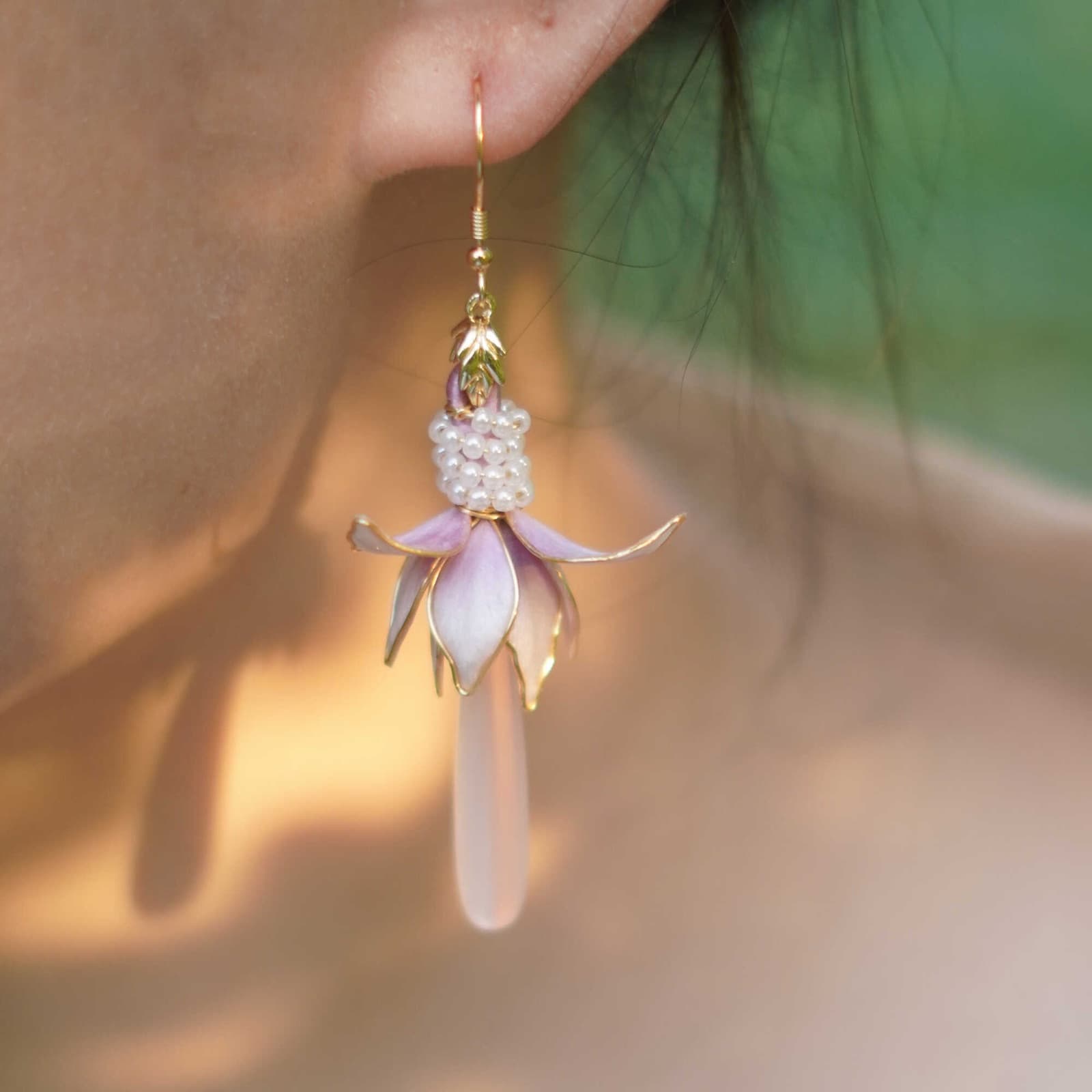 Magnolia — Velvet Flower Earrings — handmade velvet flower piece, full view