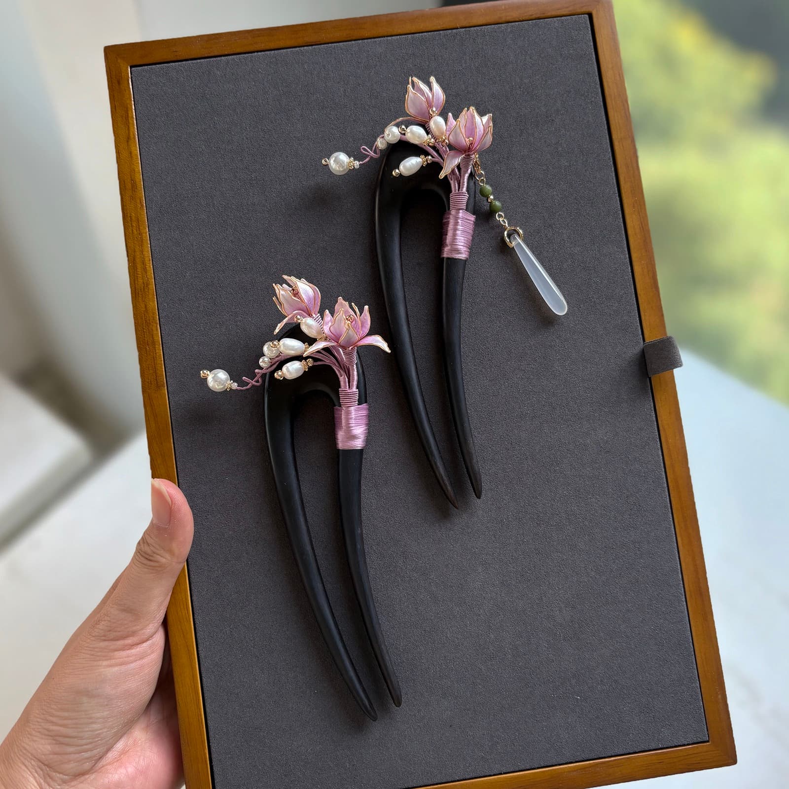 Jade Beauty — Magnolia Double Ebony Hairpin — handmade velvet flower piece, full view
