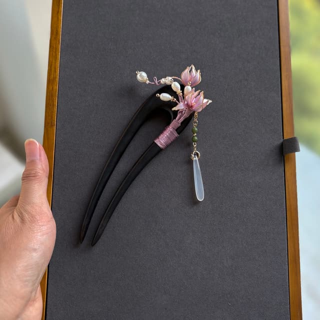 Jade Beauty — Magnolia Double Ebony Hairpin — petals and wirework in detail