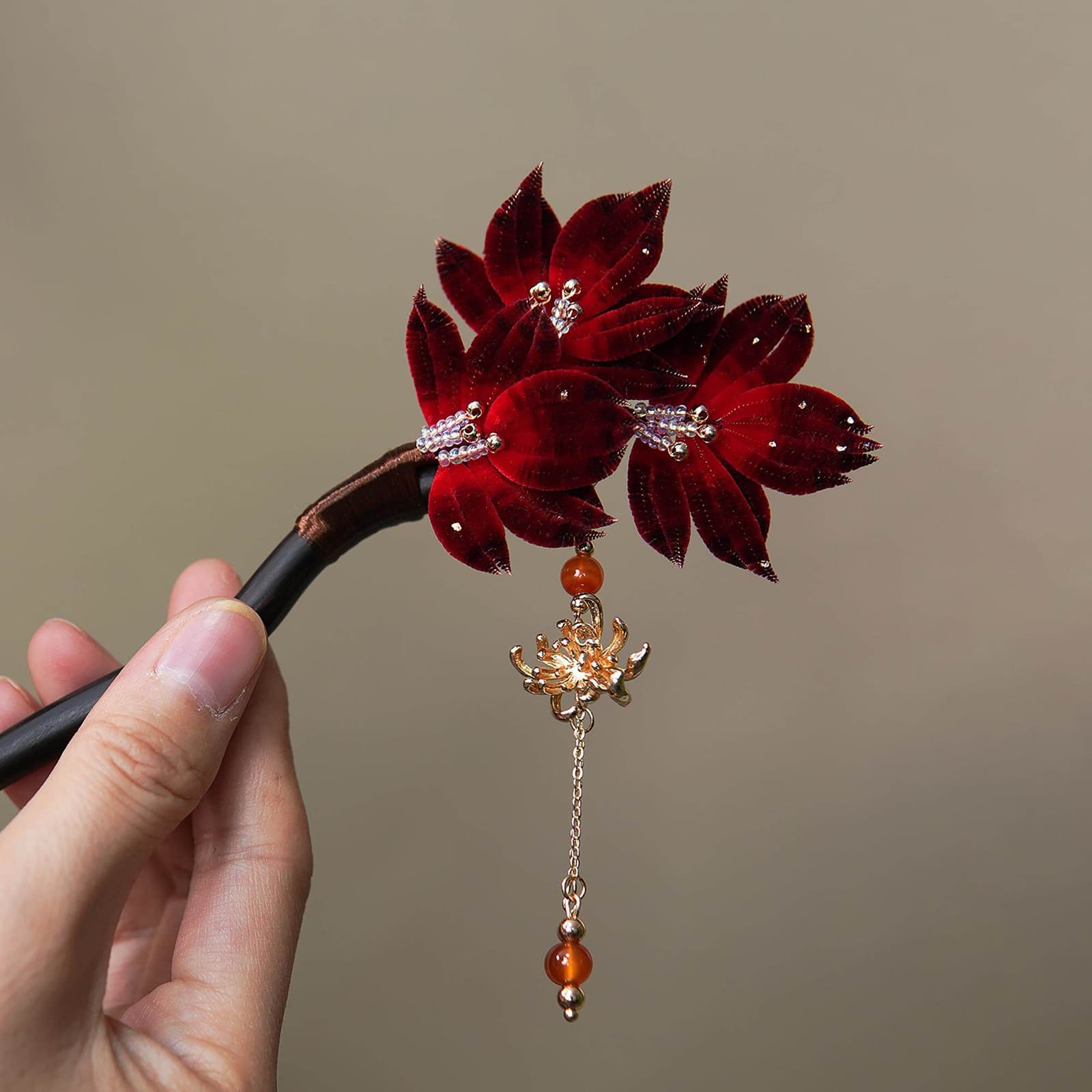 Fortune Crown — Plush Maple Hairpin — handmade velvet flower piece, full view