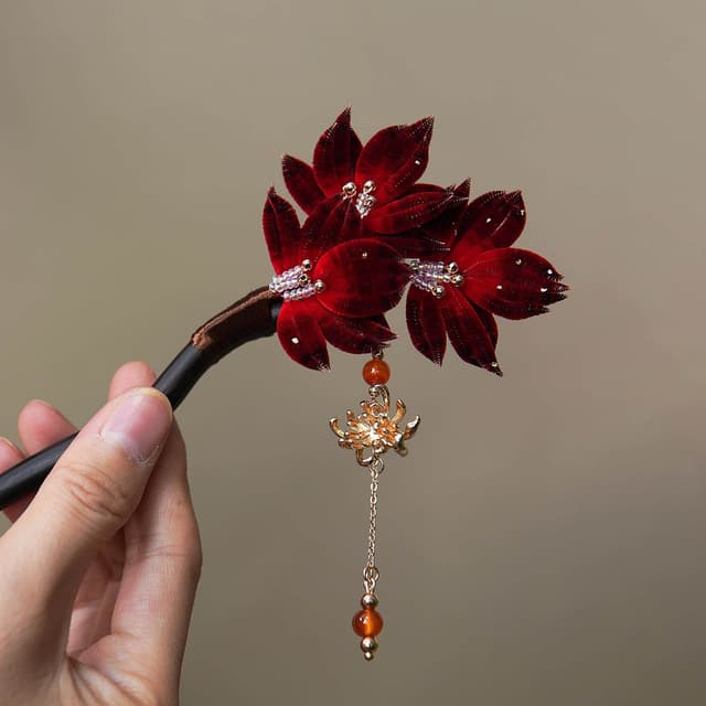 Fortune Crown — Plush Maple Hairpin — handmade velvet flower piece, full view