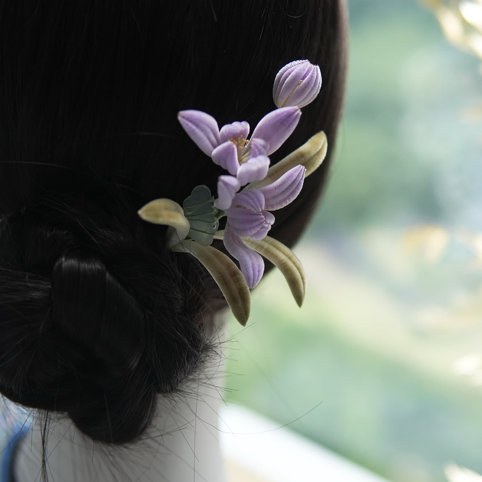 Orchid — Fine Velvet Hairpin — handmade velvet flower piece, full view