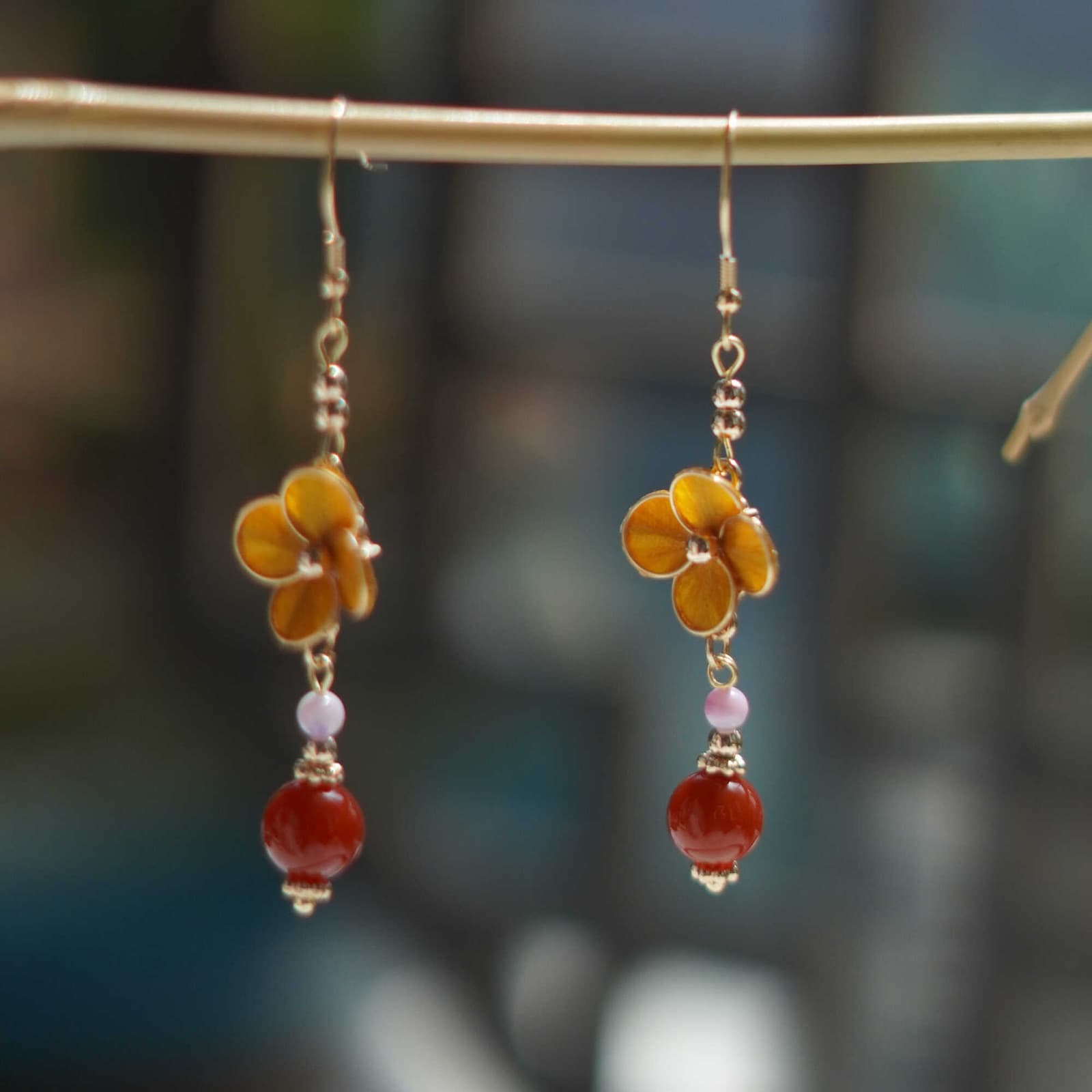 Plucking the Laurel — Osmanthus Earrings — handmade velvet flower piece, full view