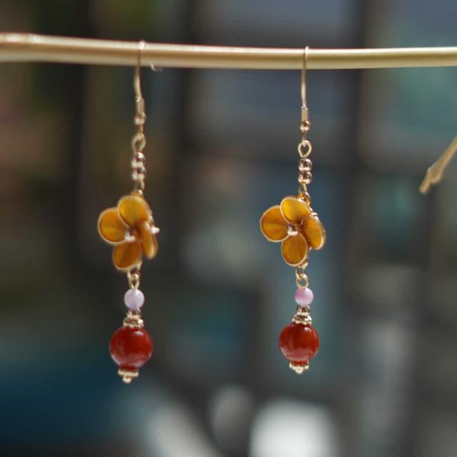 Plucking the Laurel — Osmanthus Earrings — petals and wirework in detail