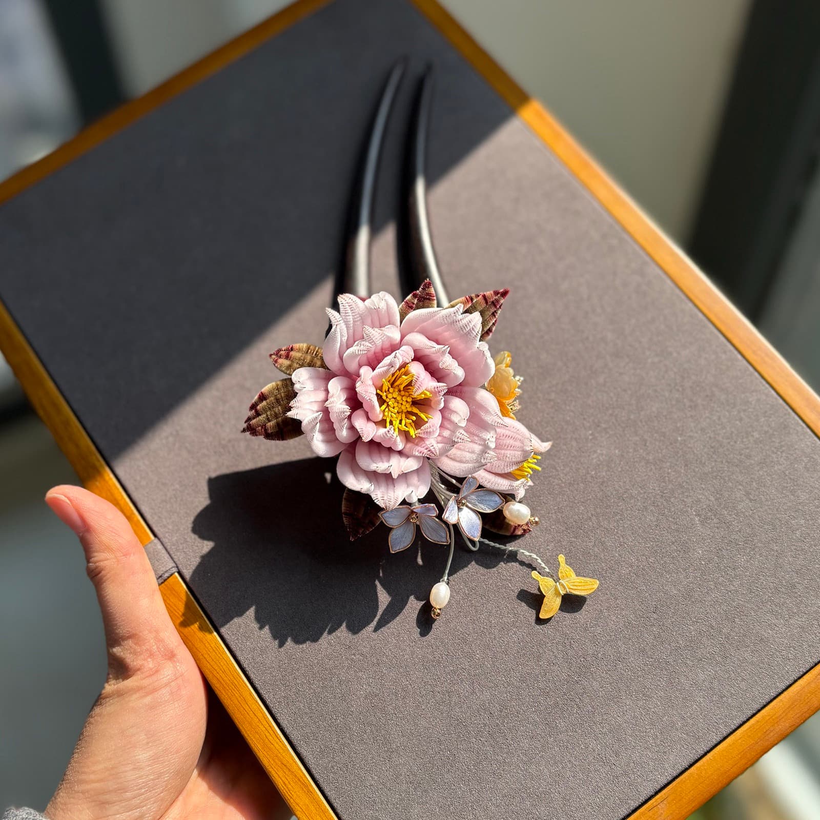 Fairy — Peony & Peony-Shao Fine Velvet Hairpin — handmade velvet flower piece, full view