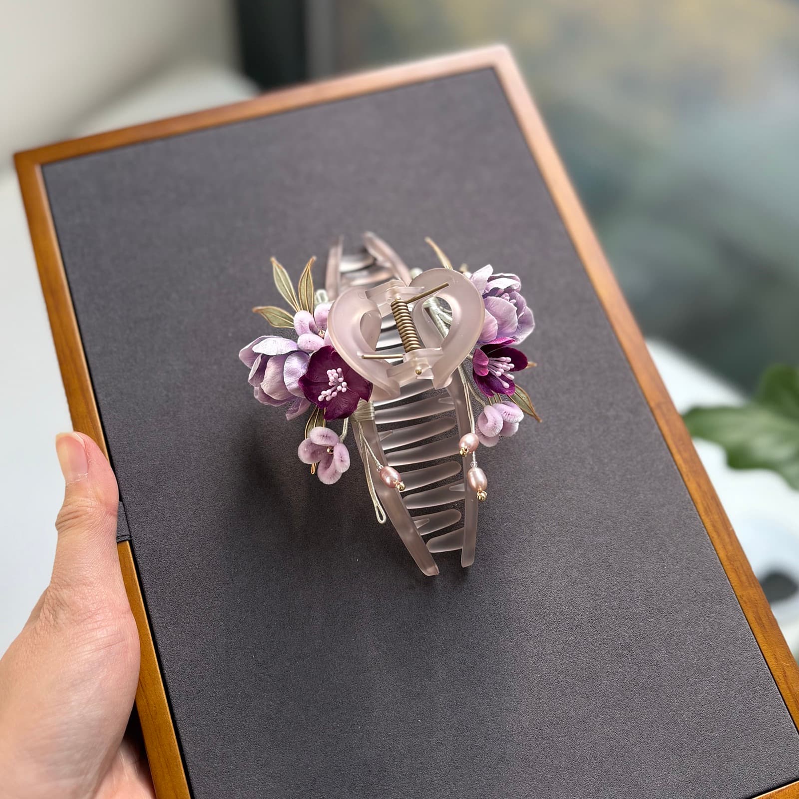 Rising Purple Mist — Velvet Chrysanthemum Comb — handmade velvet flower piece, full view