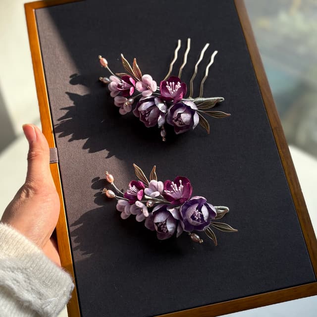 Rising Purple Mist — Velvet Chrysanthemum Comb — the piece resting in soft light