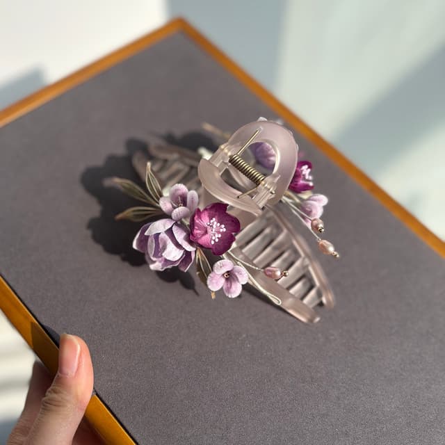 Rising Purple Mist — Velvet Chrysanthemum Comb — worn as part of a styling