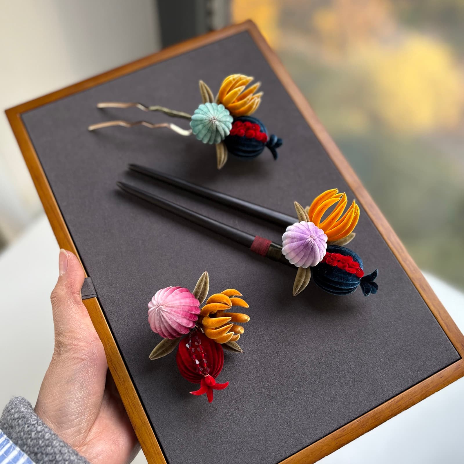 Three Plenties — Fine Velvet Hairpin — handmade velvet flower piece, full view
