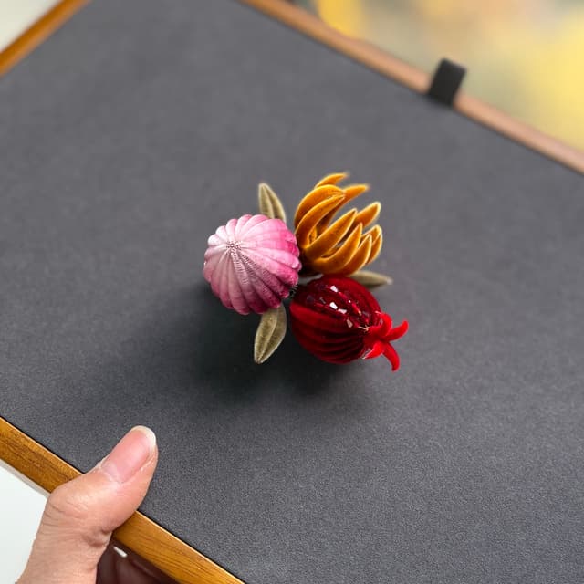 Three Plenties — Fine Velvet Hairpin — petals and wirework in detail