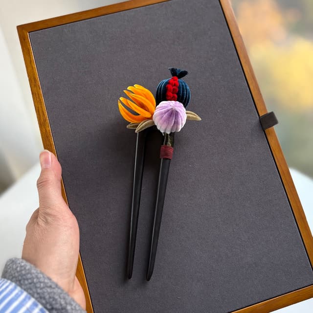 Three Plenties — Fine Velvet Hairpin — worn as part of a styling