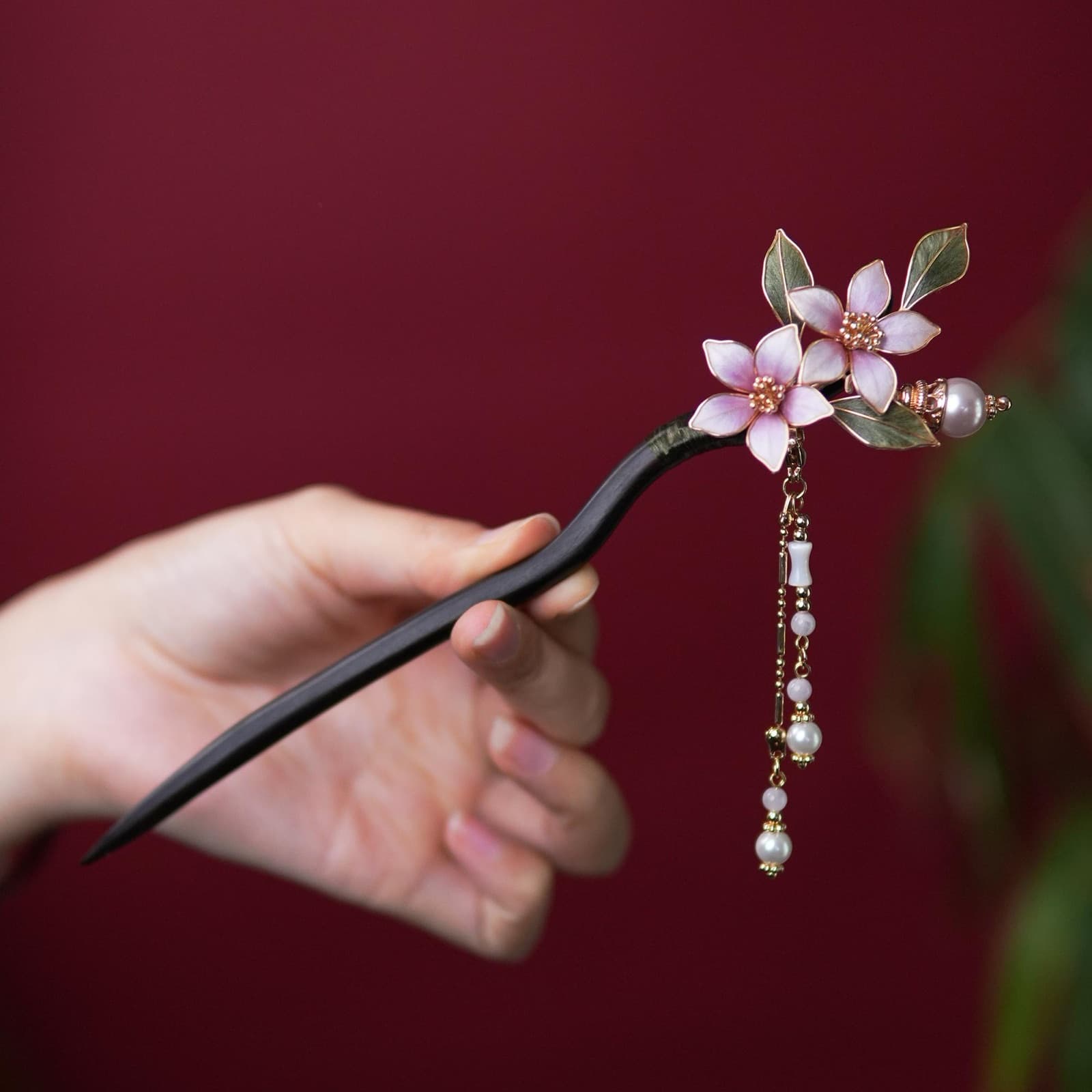 Snow Blue — Chrysanthemum Ebony Hairpin — handmade velvet flower piece, full view